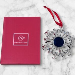 Lenox Silver Bejeweled Blue Snowflake Ornament with Red Ribbon NEW with box